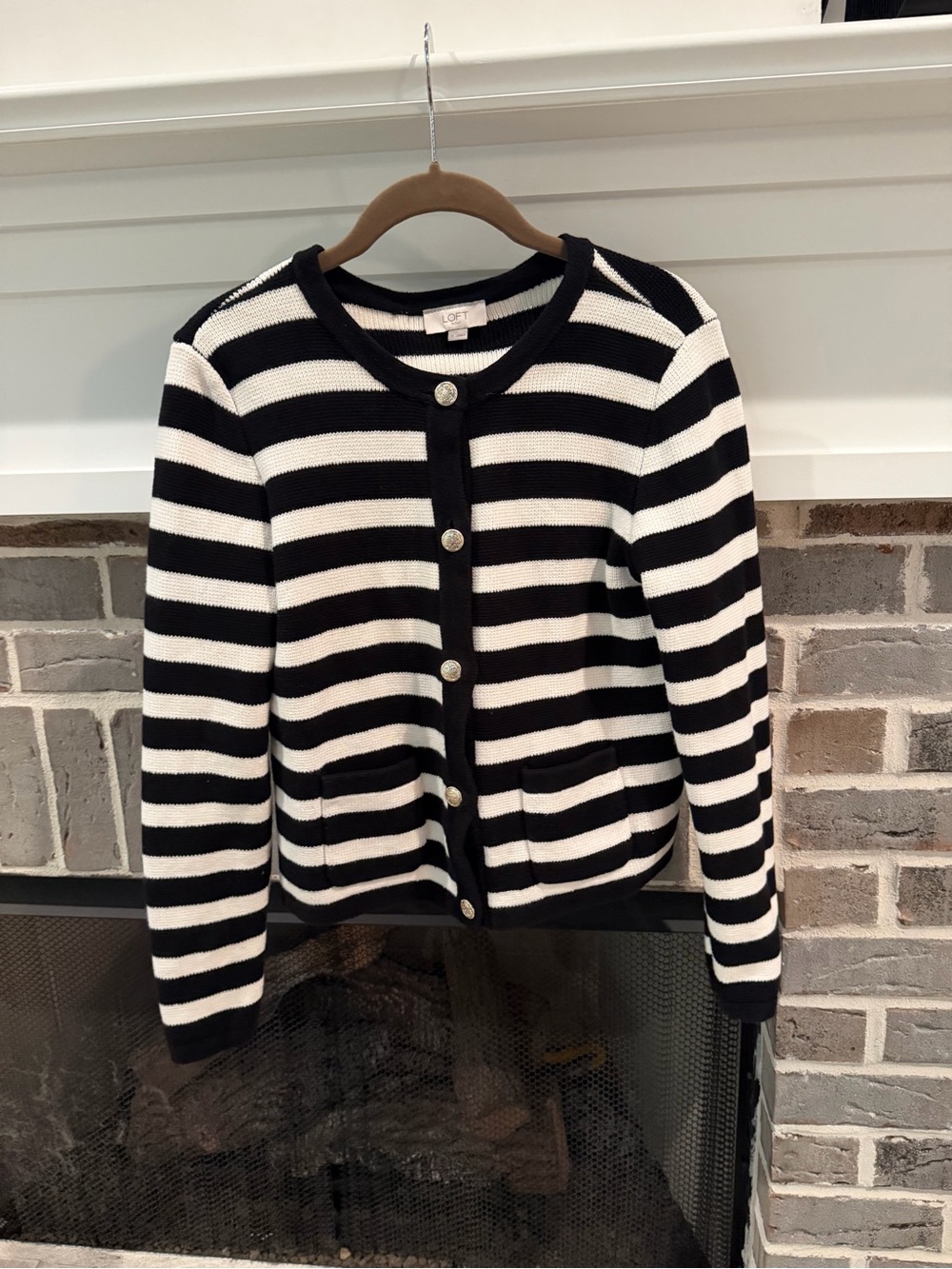LOFT Black & White Striped Crewneck Cardigan